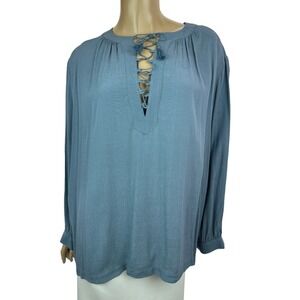Madewell Size L Pullover Blouse Top Blue Long Sleeve Lace up Neck Viscose